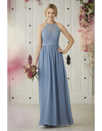 Elegant A-Line Halter Floor Length Lace Chiffon Bridesmaid Dress