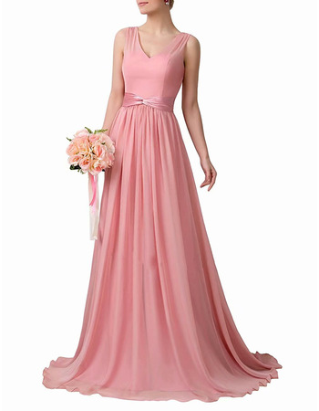 Custom V-Neck Floor Length Chiffon Bridesmaid Dress with Sashes