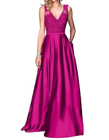 Discount A-Line V-Neck Floor Length Satin Applique Bridesmaid Dress