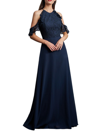 Cold Shoulder Floor Length Chiffon Lace Bridesmaid Dress