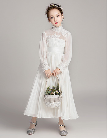 New Style Chiffon Pleated Flower Girl Dress with Long Sleeves