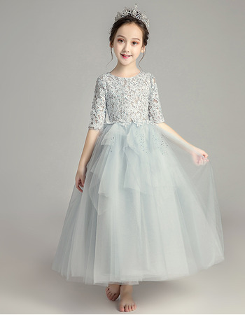 Inexpensive A-Line Lace Little Girls Party Dress with Half Sleeves