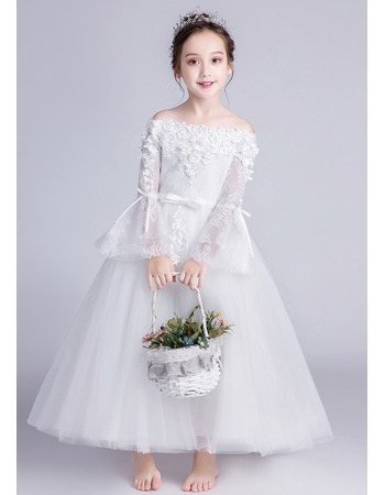 Stunning Off-the-shoulder Long Flower Girl Dress with Long Sleeves