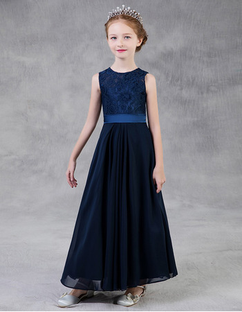 A-Line Long Lace Chiffon Little Girls Party Dress