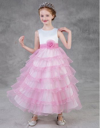 Custom Tea Length Layered Skirt Satin Tulle Little Girls Party Dress