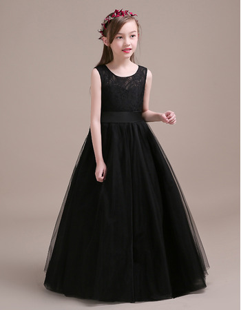 Custom A-Line Floor Length Organza Black Little Girls Party Dress