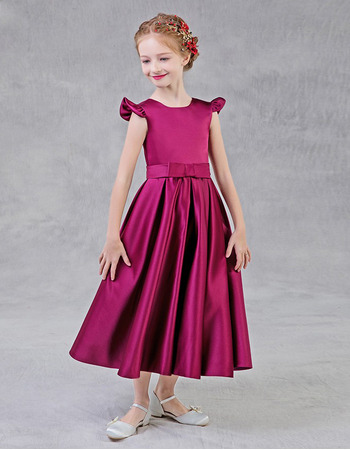 Adorable A-Line Sleeveless Tea Length Satin Flower Girl Dress