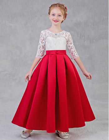 A-Line Long Lace Satin Flower Girl Dress with Half Sleeves