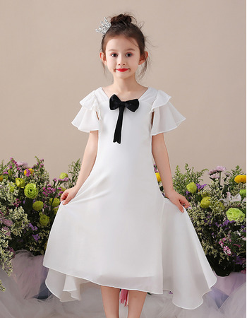 Custom Tea Length Chiffon Flower Girl Dress with Short Sleeves