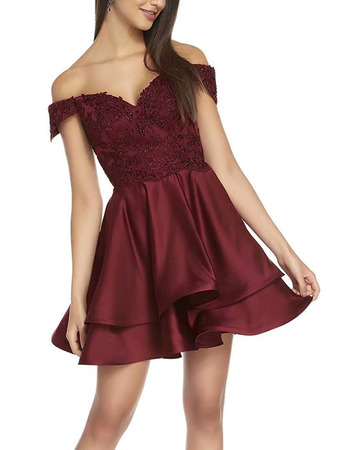 Affordable Off-the-shoulder Short Satin Lacing Homecoming Dress