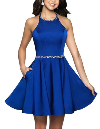 New Style A-Line Halter Short Satin Backless Blue Homecoming Dress