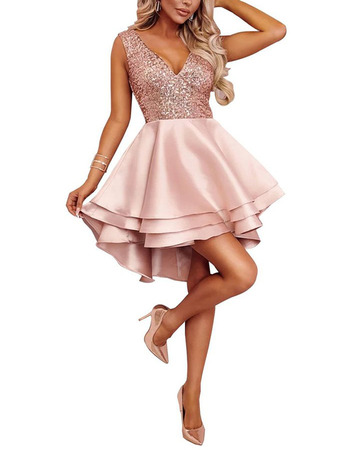 Custom A-Line V-Neck High-Low Short Satin Beading Homecoming Dress