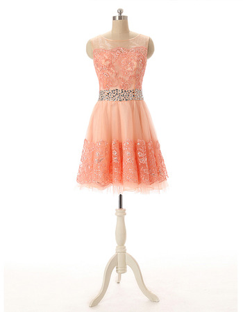 Affordable A-Line Short Tulle Applique Beading Homecoming Dress