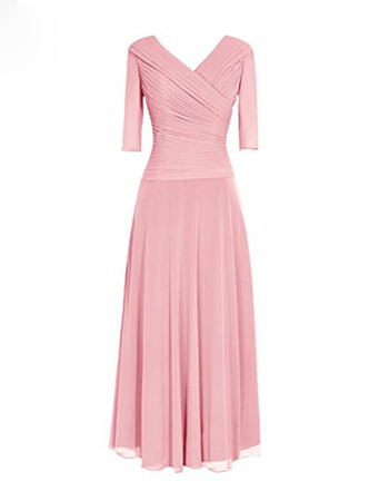 Modest V-Neck Floor Length Chiffon Mother Dress with 3/4 Long Sleeves