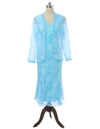 Casual Sheath V-Neck Tea Length Lace Mother Formal Dress with Jackets