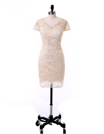 Modern Column V-Neck Short Lace Mother Dresses with Short Sleeves