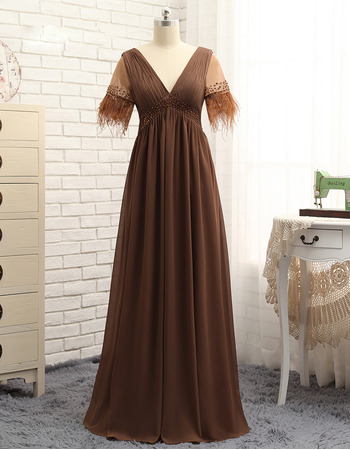 New V-Neck Long Chiffon Mother Formal Dress with Short Sleeves