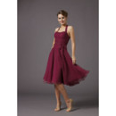 Inexpensive Simple Classic A-line Bridesmaid Dress/ Halter Knee Length Chiffon Satin Wedding Party Dress with sash