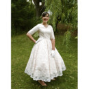 Affordable Vintage A-Line V-Neck Tea Length Lace Garden Wedding Dress with Half Sleeves