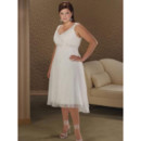 Affordable Simple Empire V-Neck Chiffon Tea Length Plus Size Wedding Dress