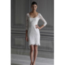 Affordable Classic Column Lace Short Beach Wedding Dress with Long Sleeves
