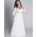 Affordable Empire V-Neck Chiffon Plus Size Wedding Dress with Long Sleeves