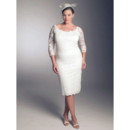 Affordable Plus Size 3/4 length Sleeves Lace Satin Bodycon Knee Length Reception Bridal Wedding Dress