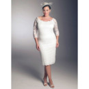 Affordable Plus Size 3/4 length Sleeves Lace Satin Bodycon Knee Length Reception Bridal Wedding Dress