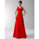 Vintage A-Line V-Neck Floor Length Red Satin Bridesmaid Dress for Women