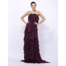 Retro Custom Column Strapless Purple Chiffon Ruffle Prom Evening Dress