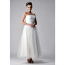 Custom Classic A-Line Strapless Tea Length Satin Organza Wedding Dress
