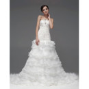 Gorgeous A-Line Strapless Chapel Train Tiered Wedding Dress for Bride
