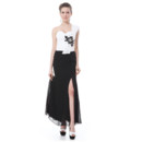 Cheap Custom Designer One Shoulder Split Maxi White and Black Prom Evening Dress for Women