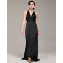 Affordable Designer V-Neck Black Chiffon Sheath Long Evening Prom Dress for Women