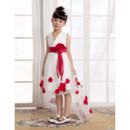 A-Line V-Neck High-Low Satin Tulle Flower Girl Party Dress for Wedding