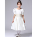 Little Girls Tea Length Satin First Communion/ Flower Girl Dress with Short Sleeves