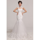 Chic Elegant Mermaid High-Neck Sweep Train Satin Organza Wedding Dress