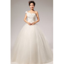 Custom Modern One Shoulder Applique Ball Gown Floor Length Wedding Dress