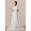 Chic Modern Lace Sleeves A-Line Sweep Train Satin Wedding Dress for Spring