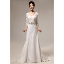 Custom Modern Lace Sweep Train A-Line Wedding Dress with Sleeves
