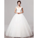 Modern V-Neck Cap Sleeves Ball Gown Long Satin Dress for Spring Wedding