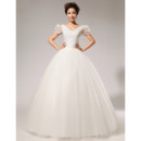 Custom Modern Bubble Sleeves V-Neck Beaded Ball Gown Floor Length Wedding Dress