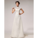 Affordable Modern Lace Mandarin Collar Cap Sleeves A-Line Wedding Dress