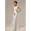 Custom Elegant Mermaid One Shoulder Lace Sweep Train Wedding Dress for Spring