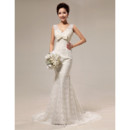 Cheap Elegant Mermaid V-Neck Lace Sweep Train Wedding Dress