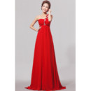 Cheap One Shoulder Empire Waist Red Chiffon Long Bridesmaid Dress for Spring