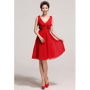 Affordable Designer V-Neck Knee Length Red Chiffon A-Line Bridesmaid Dress