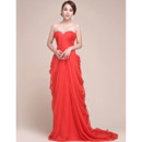 Affordable Chiffon Sheath Sweetheart Sweep Train Red Prom Evening Dress for Women