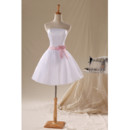 Custom Simple Classic A-Line Strapless Satin Organza Short Reception Wedding Dress with Sashes