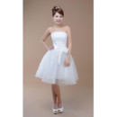 Affordable Classic A-Line Strapless Satin Knee Length Beach Wedding Dress